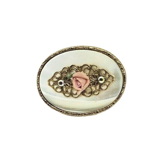 Pink Rose Marble Gold Tone 1.5" Pin Lapel Brooch - Picture 1 of 8